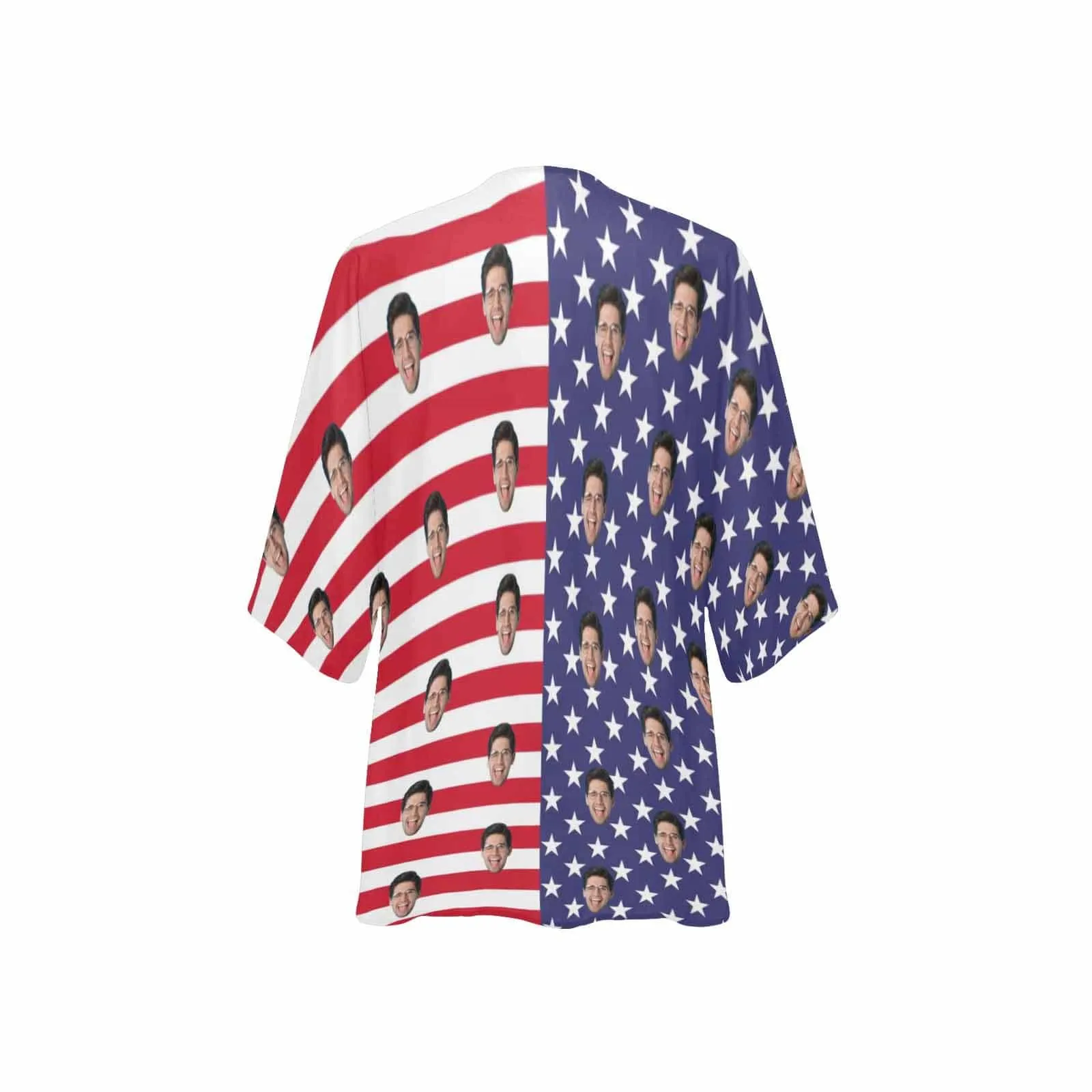 Custom Face American Flag Women's Bikini Swimsuit Long Short Kimono Chiffon Blouse Set