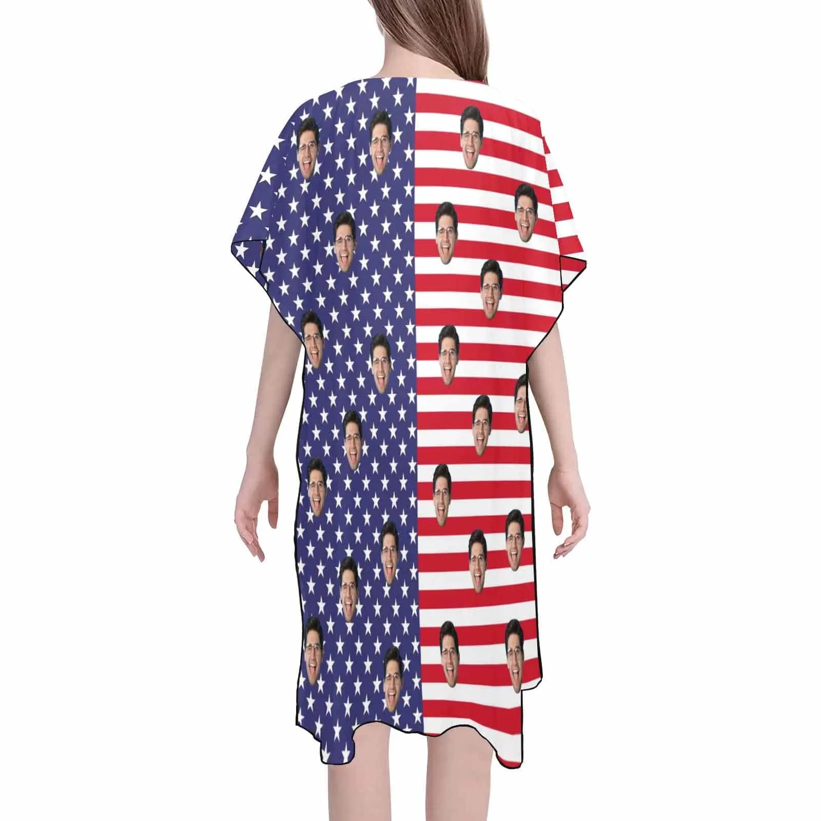 Custom Face American Flag Women's Bikini Swimsuit Long Short Kimono Chiffon Blouse Set