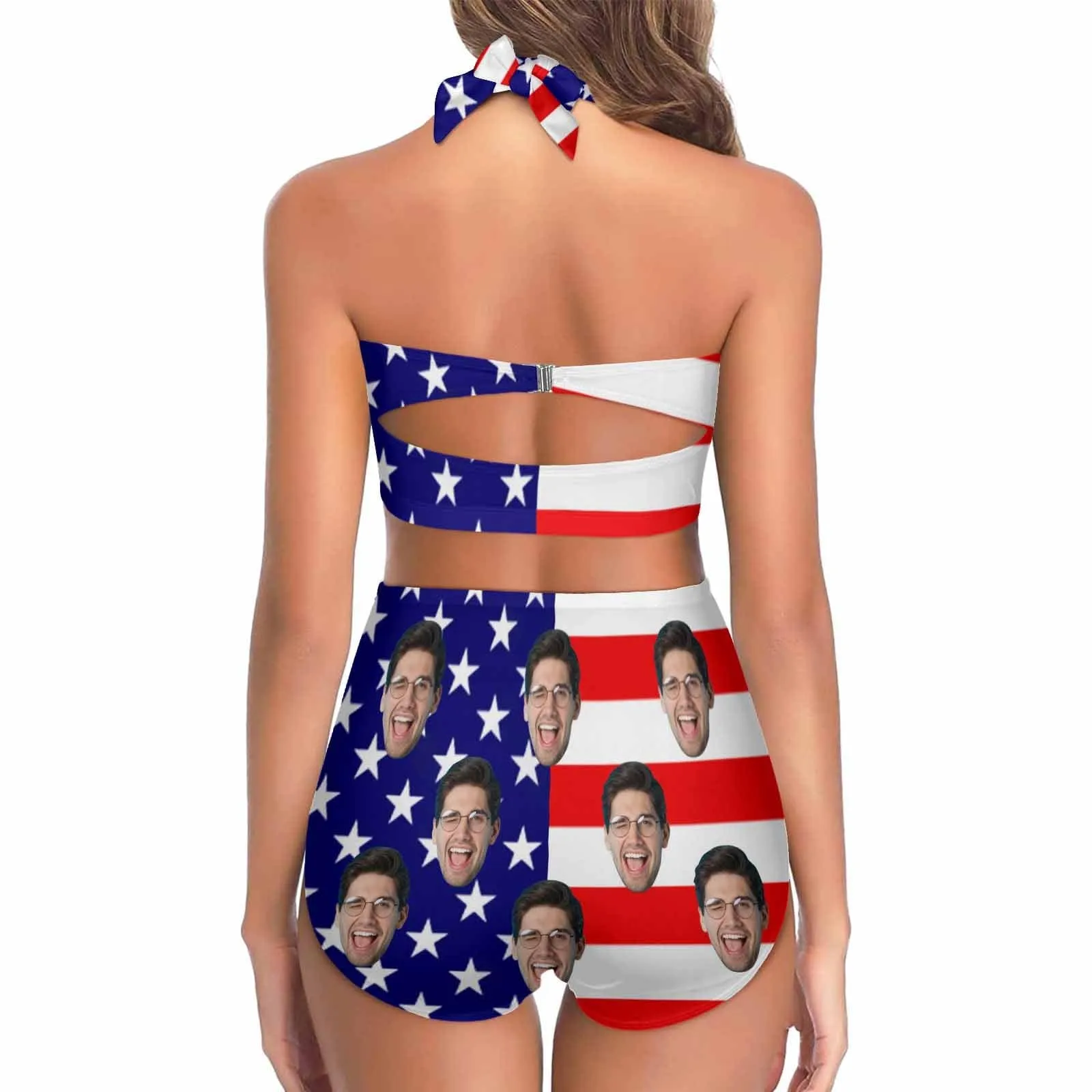 Custom Face American Flag Women's Bikini Swimsuit Long Short Kimono Chiffon Blouse Set