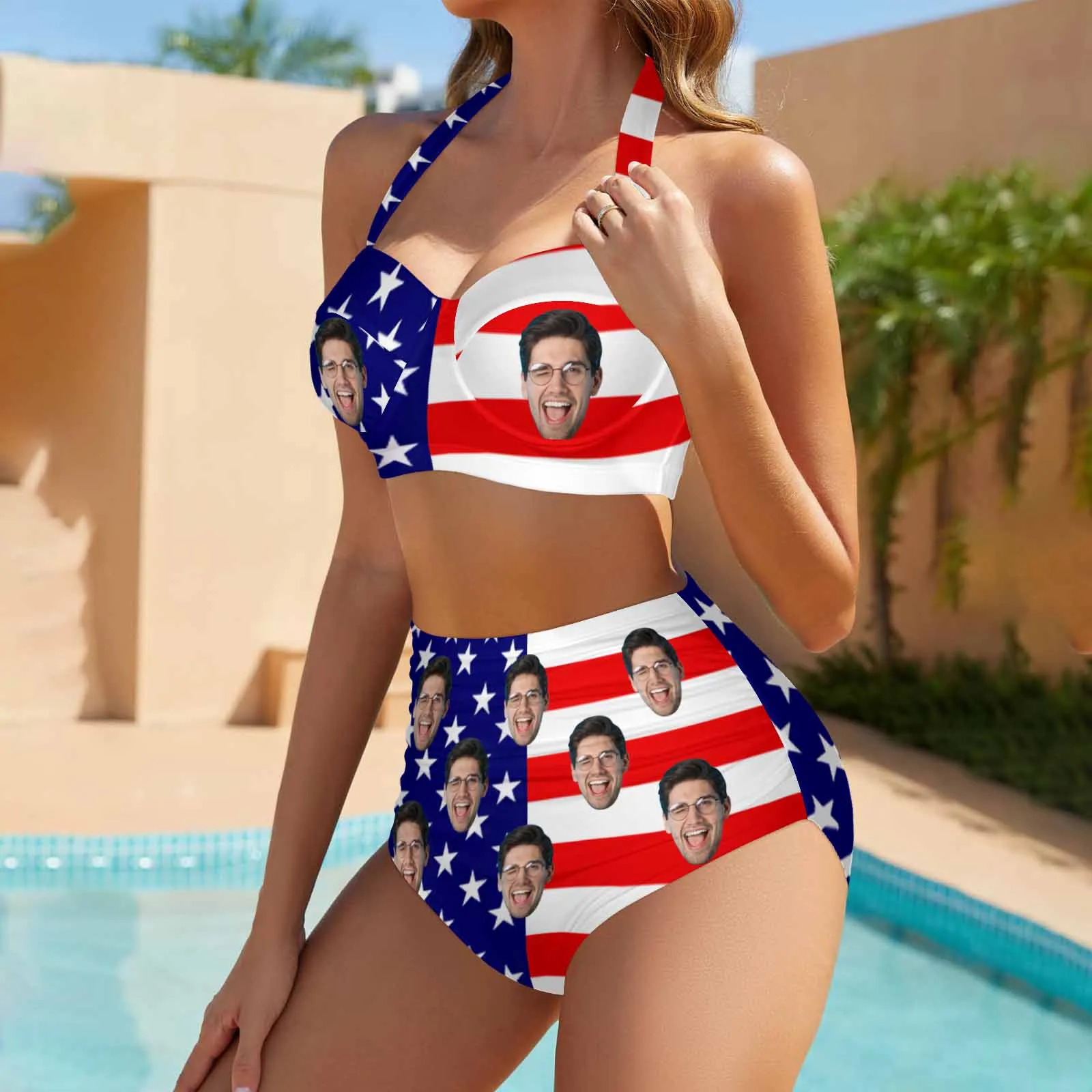 Custom Face American Flag Women's Bikini Swimsuit Long Short Kimono Chiffon Blouse Set
