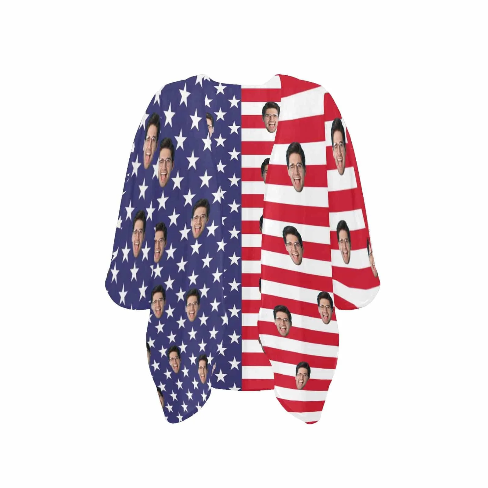 Custom Face American Flag Women's Bikini Swimsuit Long Short Kimono Chiffon Blouse Set