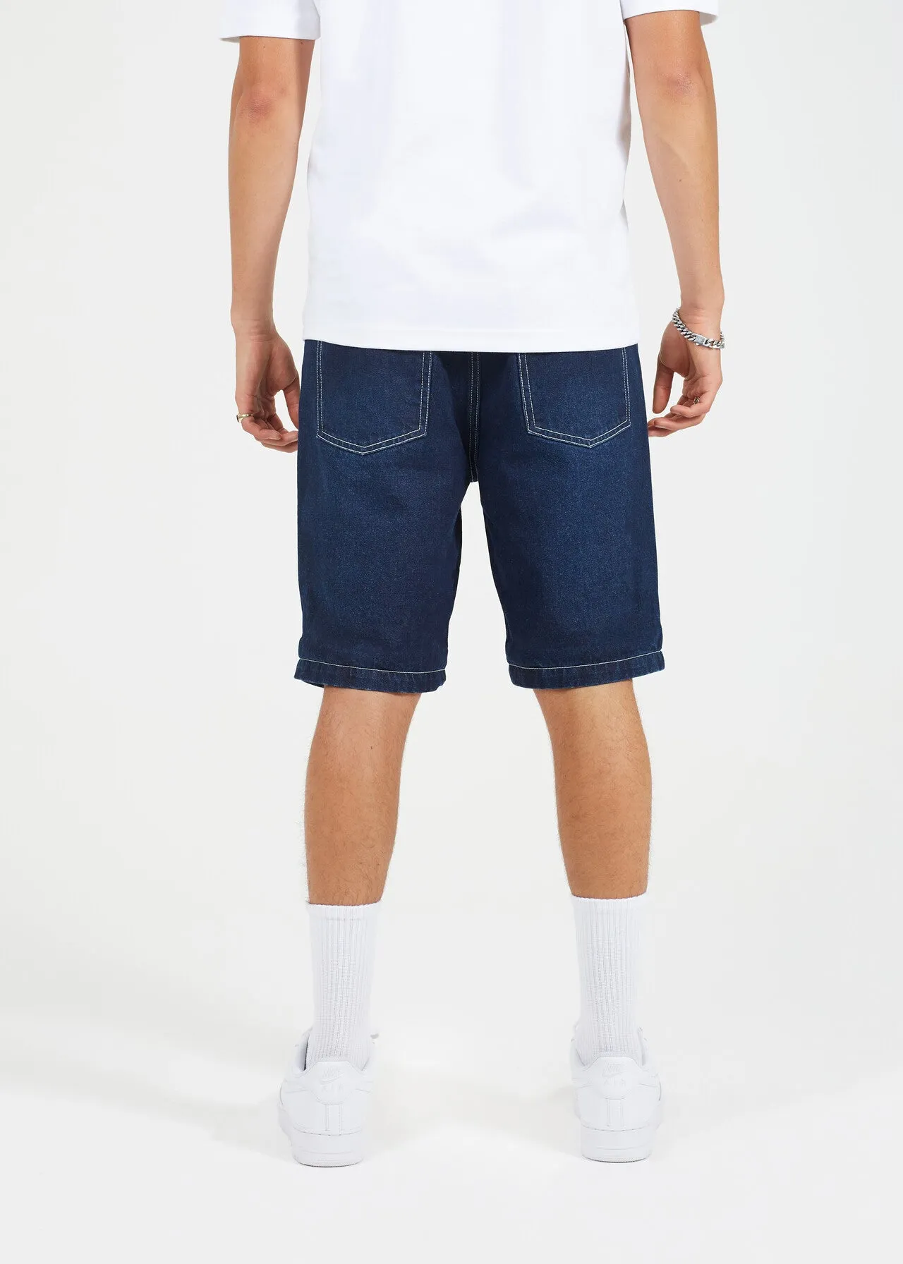 DARK BLUE WASH TURN UP HEM DENIM SHORTS