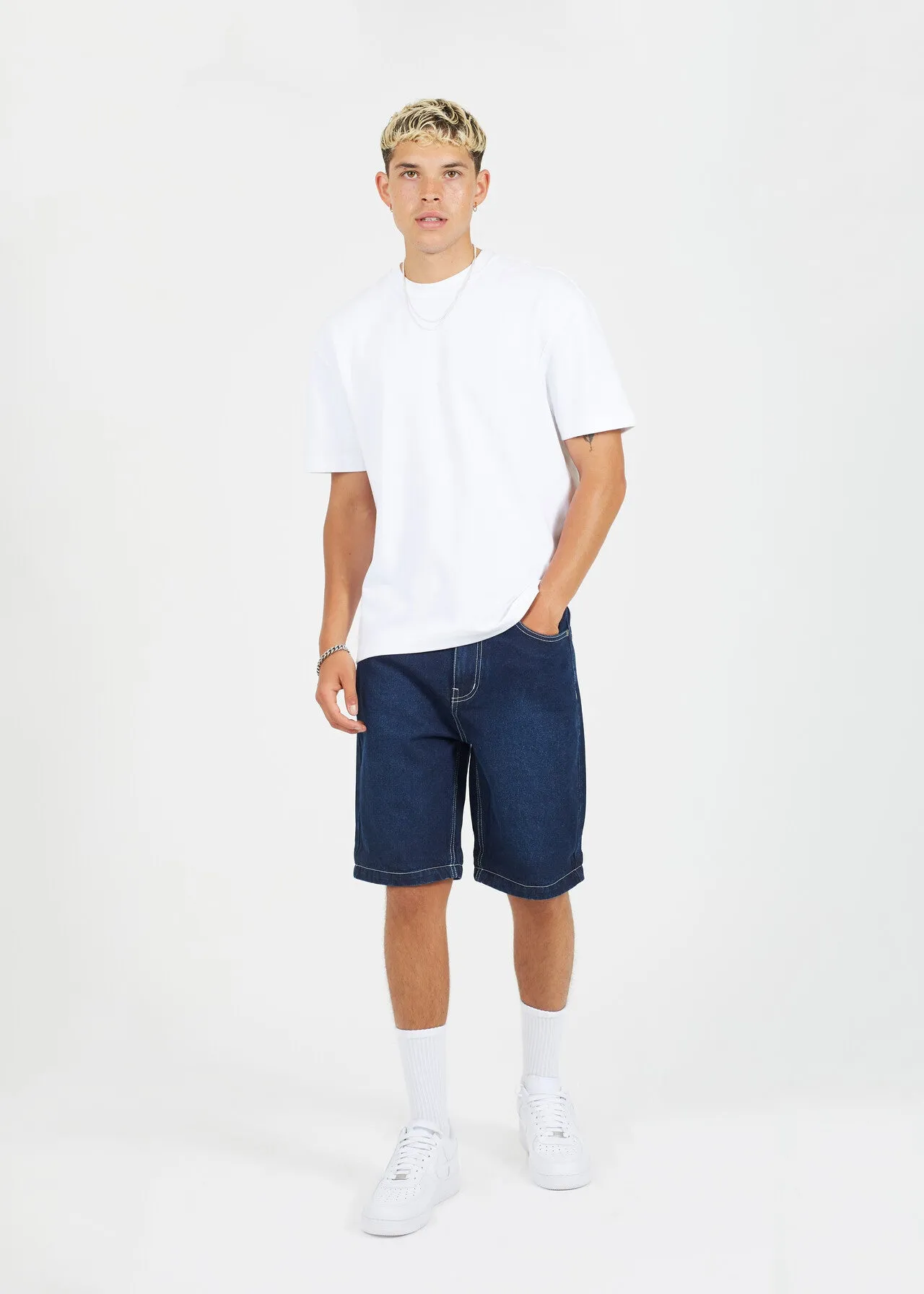 DARK BLUE WASH TURN UP HEM DENIM SHORTS
