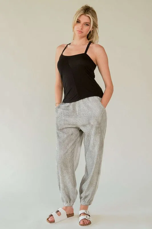 Davi & Dani Light Gray Rhinestone Elastic Waist Joggers