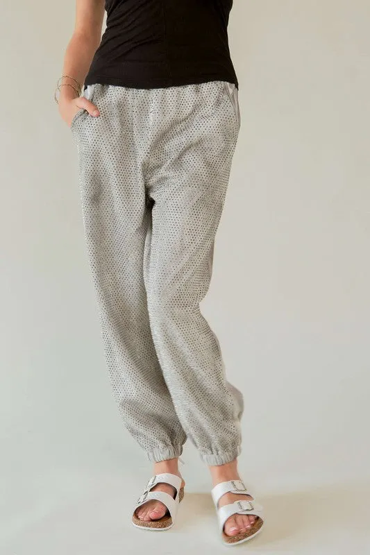 Davi & Dani Light Gray Rhinestone Elastic Waist Joggers