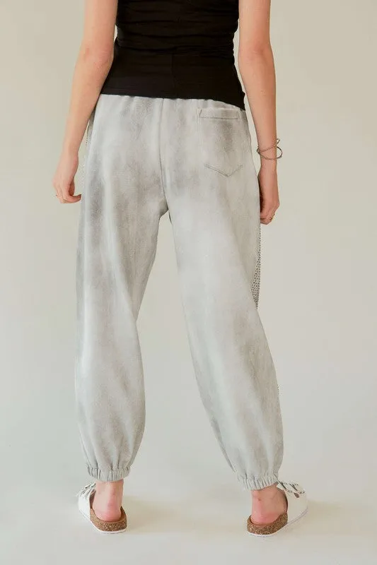 Davi & Dani Light Gray Rhinestone Elastic Waist Joggers