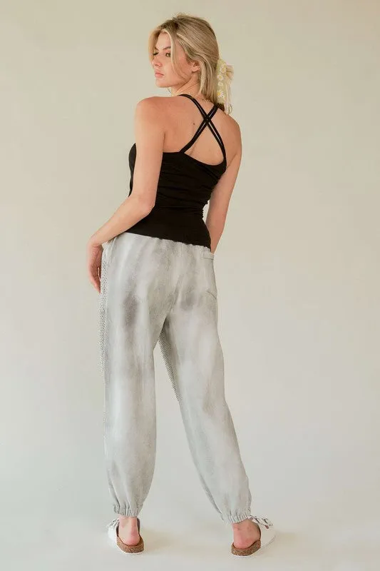 Davi & Dani Light Gray Rhinestone Elastic Waist Joggers