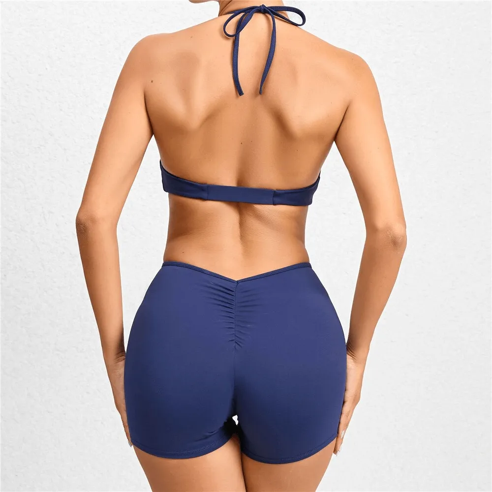 Deep V-Neck Yoga One Piece Set Halter Jumpsuit / Fitness Short Romper - SF1288