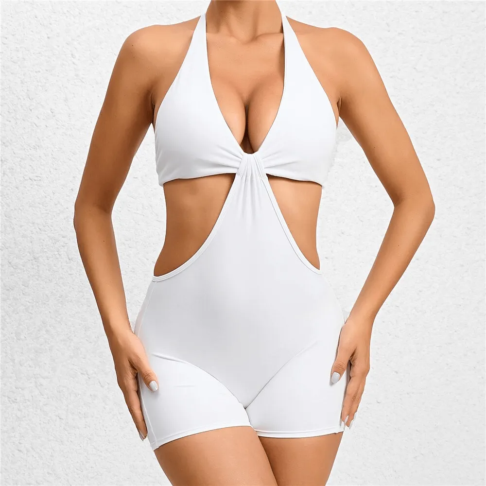 Deep V-Neck Yoga One Piece Set Halter Jumpsuit / Fitness Short Romper - SF1288
