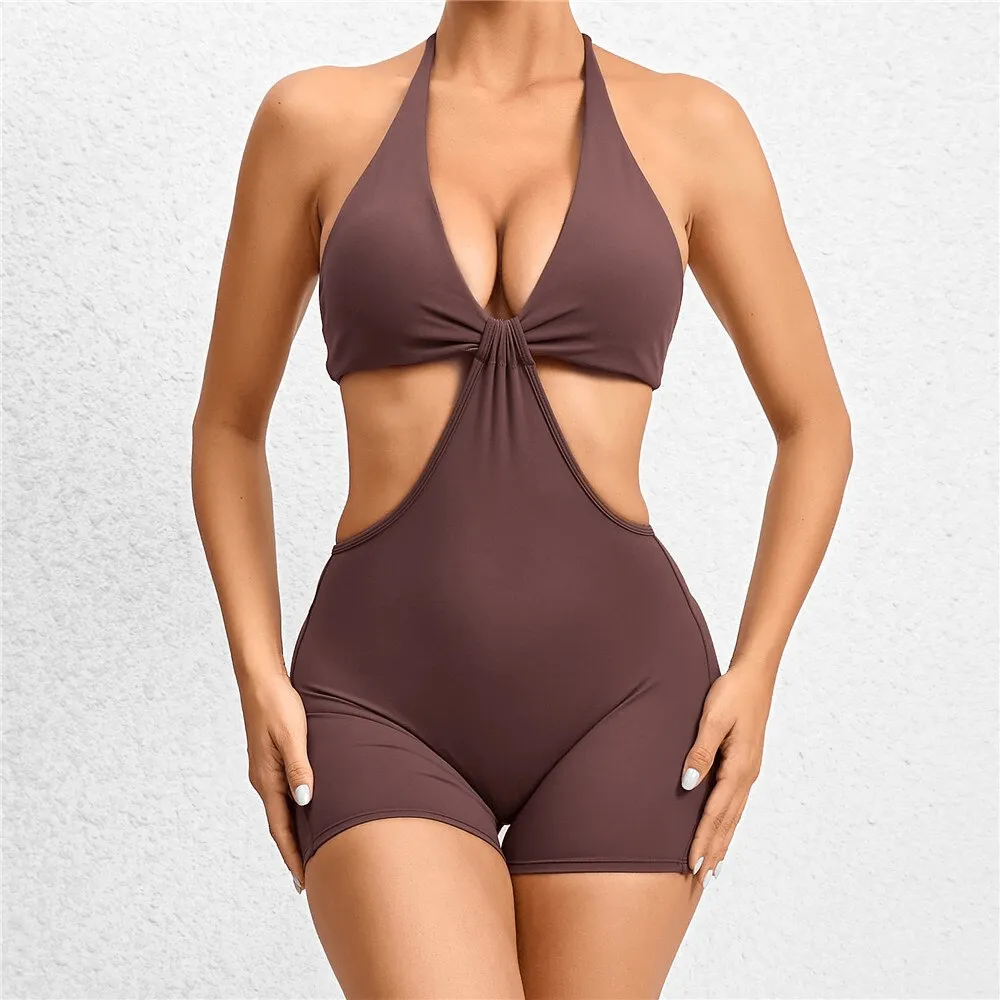 Deep V-Neck Yoga One Piece Set Halter Jumpsuit / Fitness Short Romper - SF1288
