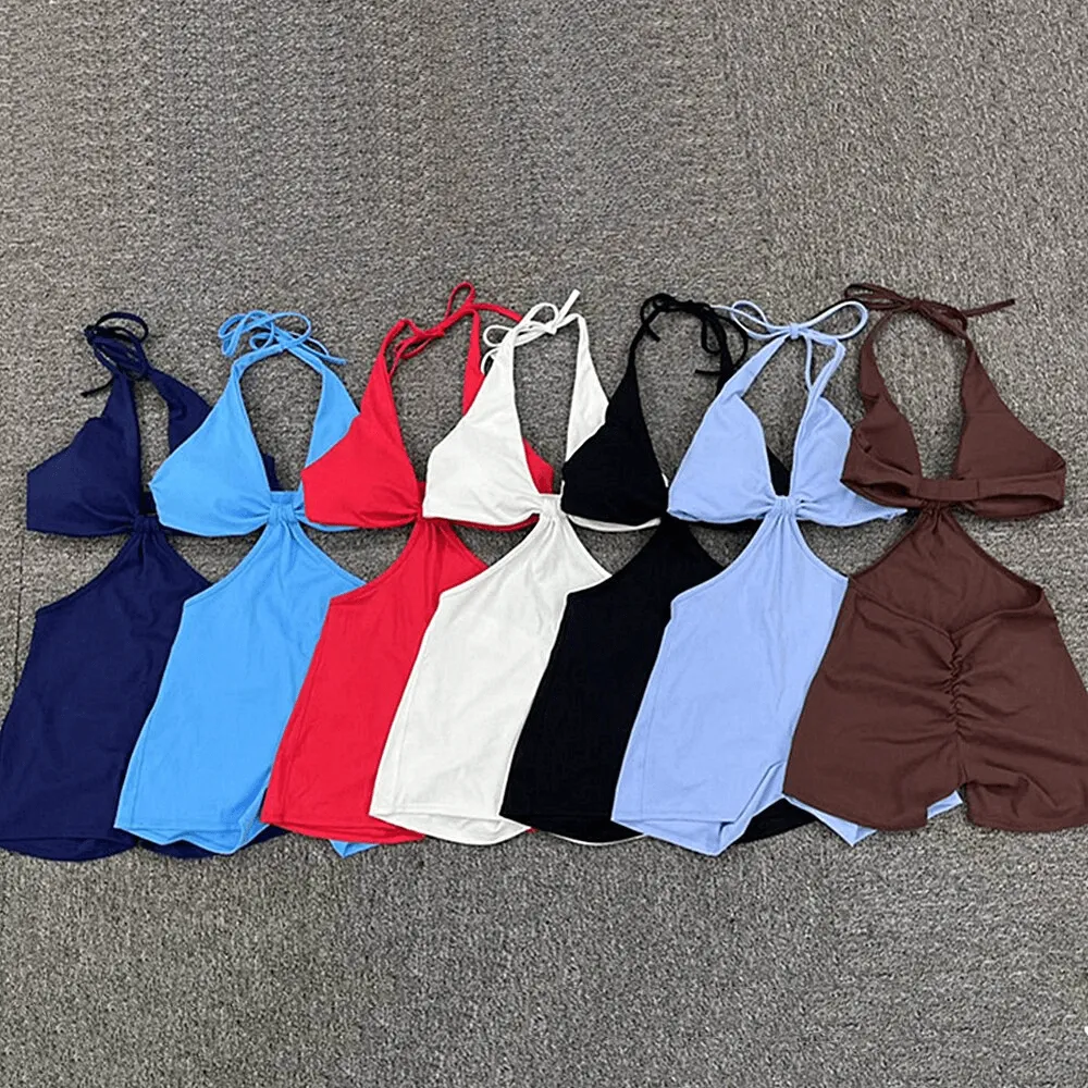 Deep V-Neck Yoga One Piece Set Halter Jumpsuit / Fitness Short Romper - SF1288