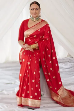 Dissemble Red Soft Silk Saree With Designer Blouse Piece