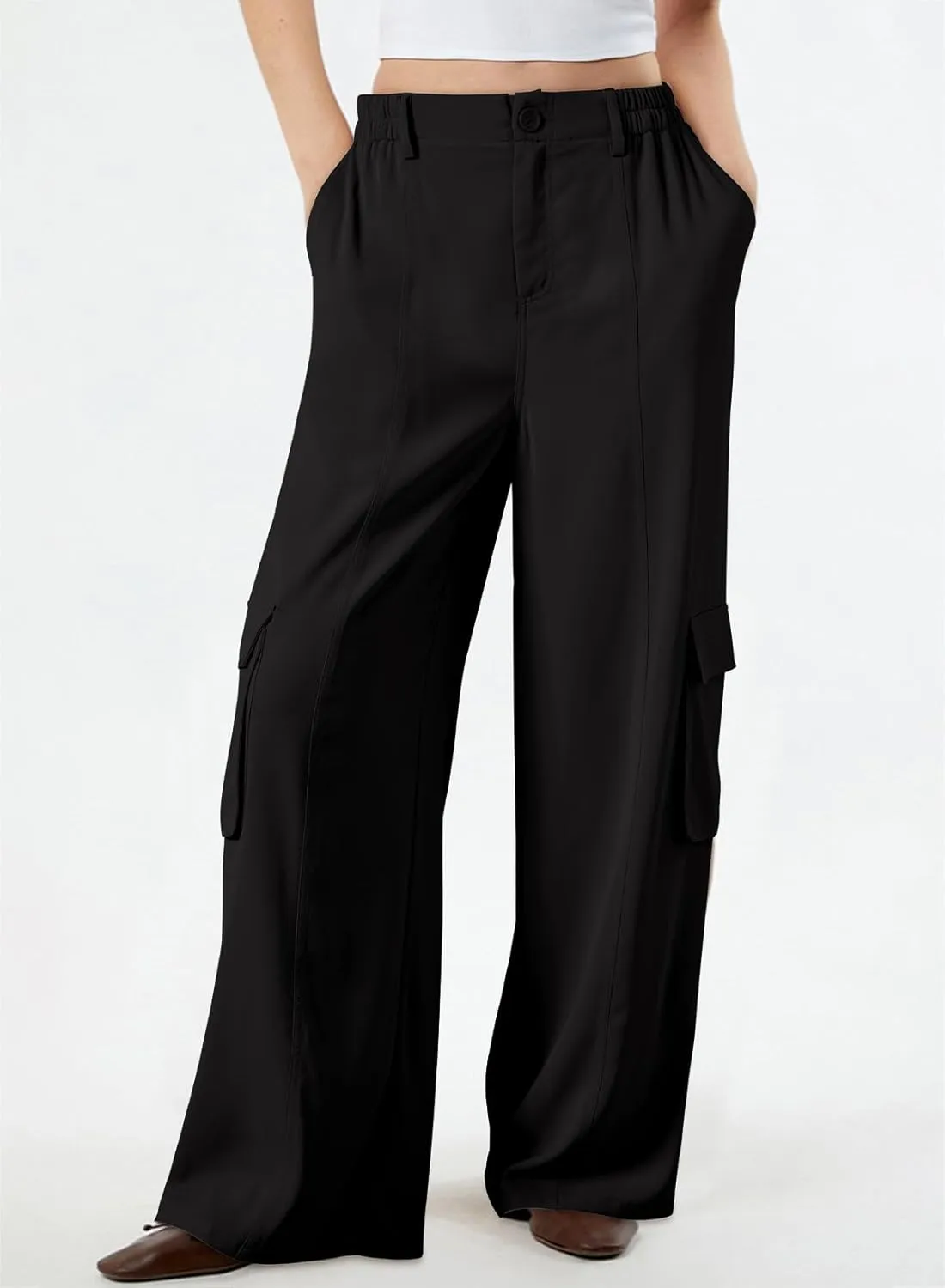 Dokotoo Women's Wide Leg Pants 2024 Flowy Casual Trendy Pants Straight Leg High Waist Stretch Palazzo Pants with 4 Pockets