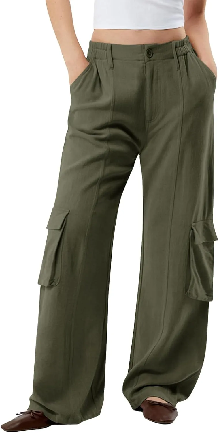 Dokotoo Women's Wide Leg Pants 2024 Flowy Casual Trendy Pants Straight Leg High Waist Stretch Palazzo Pants with 4 Pockets