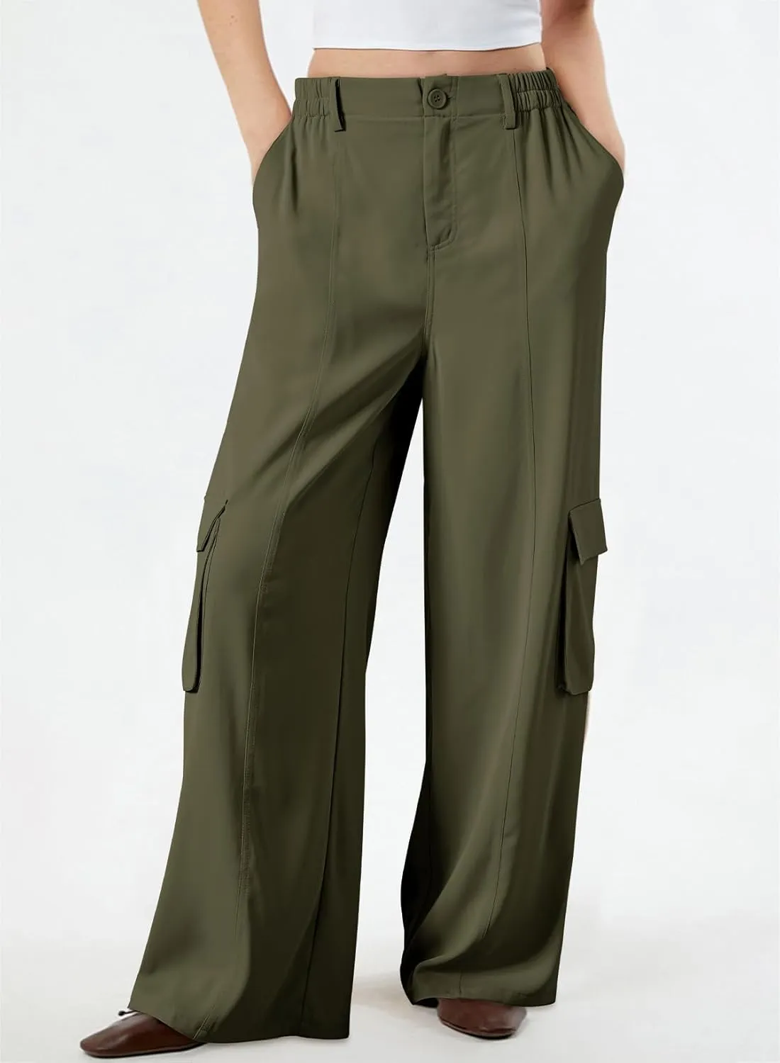 Dokotoo Women's Wide Leg Pants 2024 Flowy Casual Trendy Pants Straight Leg High Waist Stretch Palazzo Pants with 4 Pockets