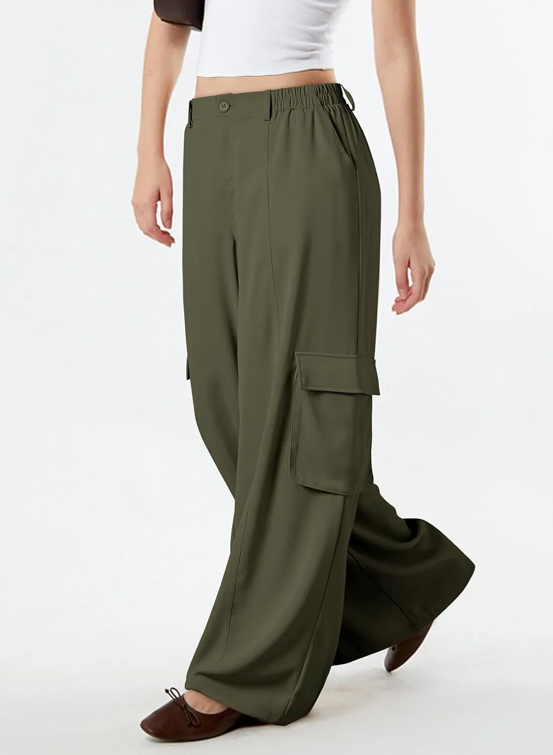 Dokotoo Women's Wide Leg Pants 2024 Flowy Casual Trendy Pants Straight Leg High Waist Stretch Palazzo Pants with 4 Pockets