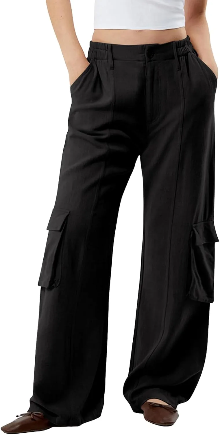 Dokotoo Women's Wide Leg Pants 2024 Flowy Casual Trendy Pants Straight Leg High Waist Stretch Palazzo Pants with 4 Pockets