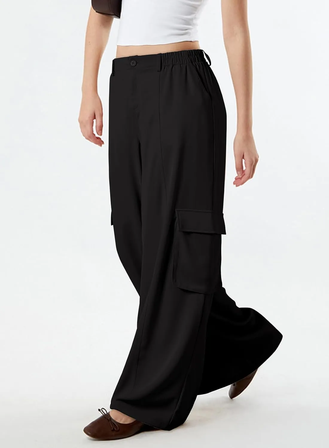 Dokotoo Women's Wide Leg Pants 2024 Flowy Casual Trendy Pants Straight Leg High Waist Stretch Palazzo Pants with 4 Pockets