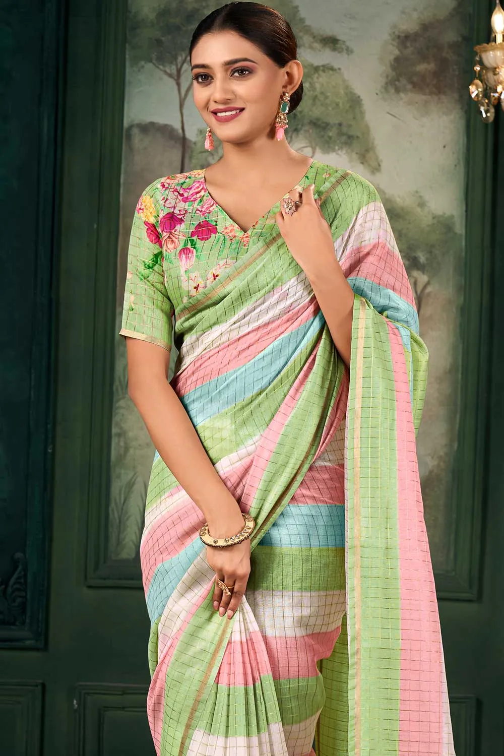 Engaging Multi Color Linen Fabric Zari Chex Pattern Saree With Floral Print Blouse