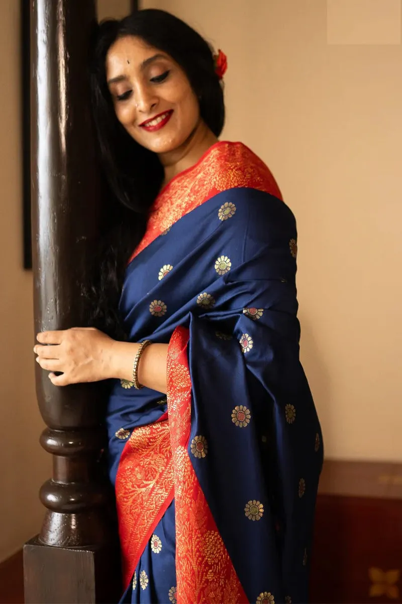 Exquisite Navy Blue Soft Silk Saree With Magnificat Blouse Piece