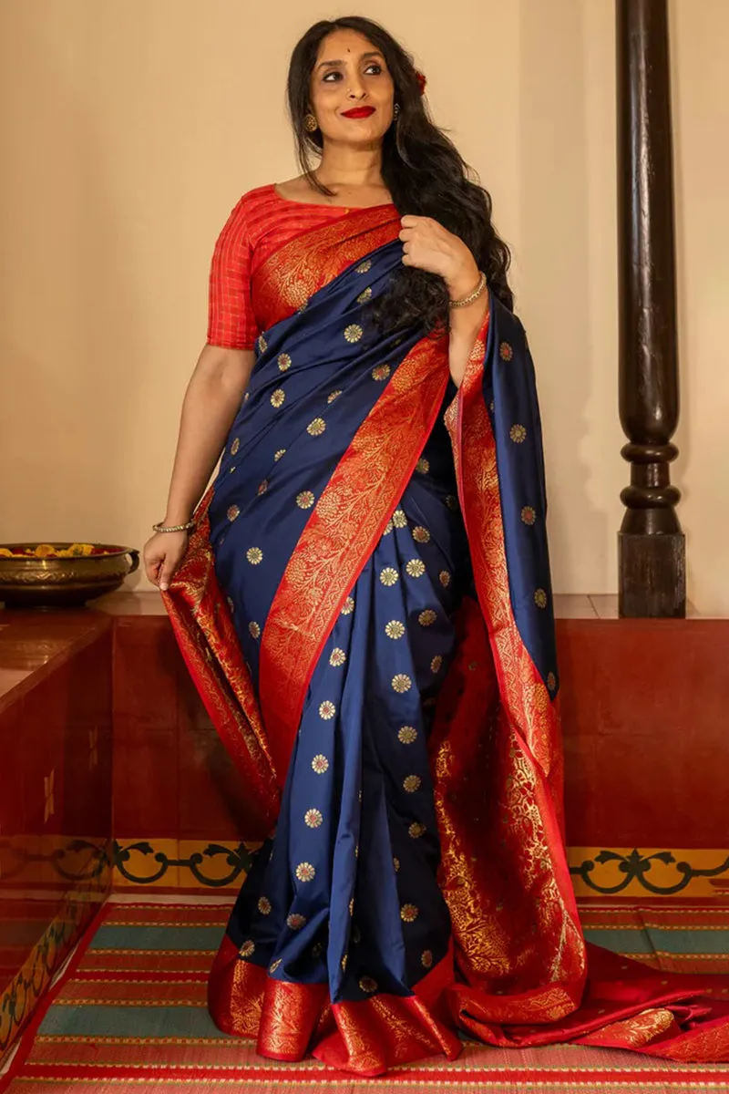 Exquisite Navy Blue Soft Silk Saree With Magnificat Blouse Piece