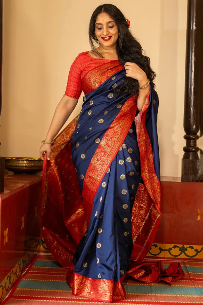 Exquisite Navy Blue Soft Silk Saree With Magnificat Blouse Piece
