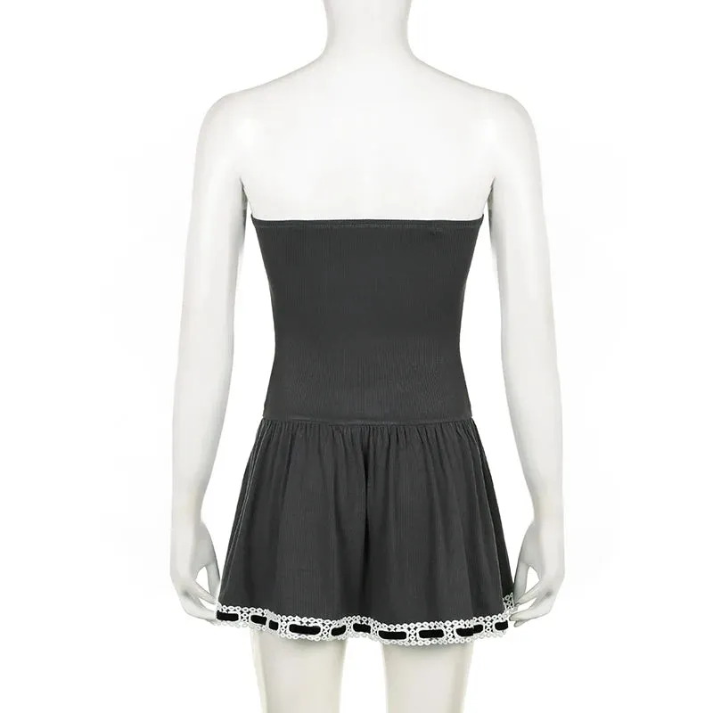Fashion Chic Strapless Summer Dress Sexy Lace Trim Tie Up Bow A-Line Mini Dresses Women Fold Vintage Party Sundress