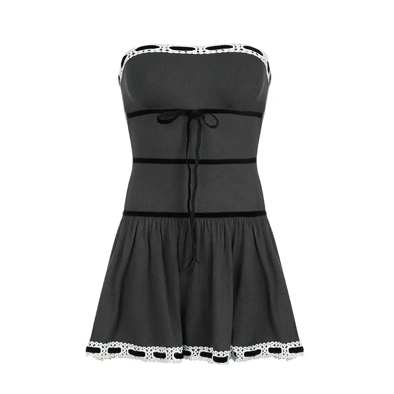 Fashion Chic Strapless Summer Dress Sexy Lace Trim Tie Up Bow A-Line Mini Dresses Women Fold Vintage Party Sundress
