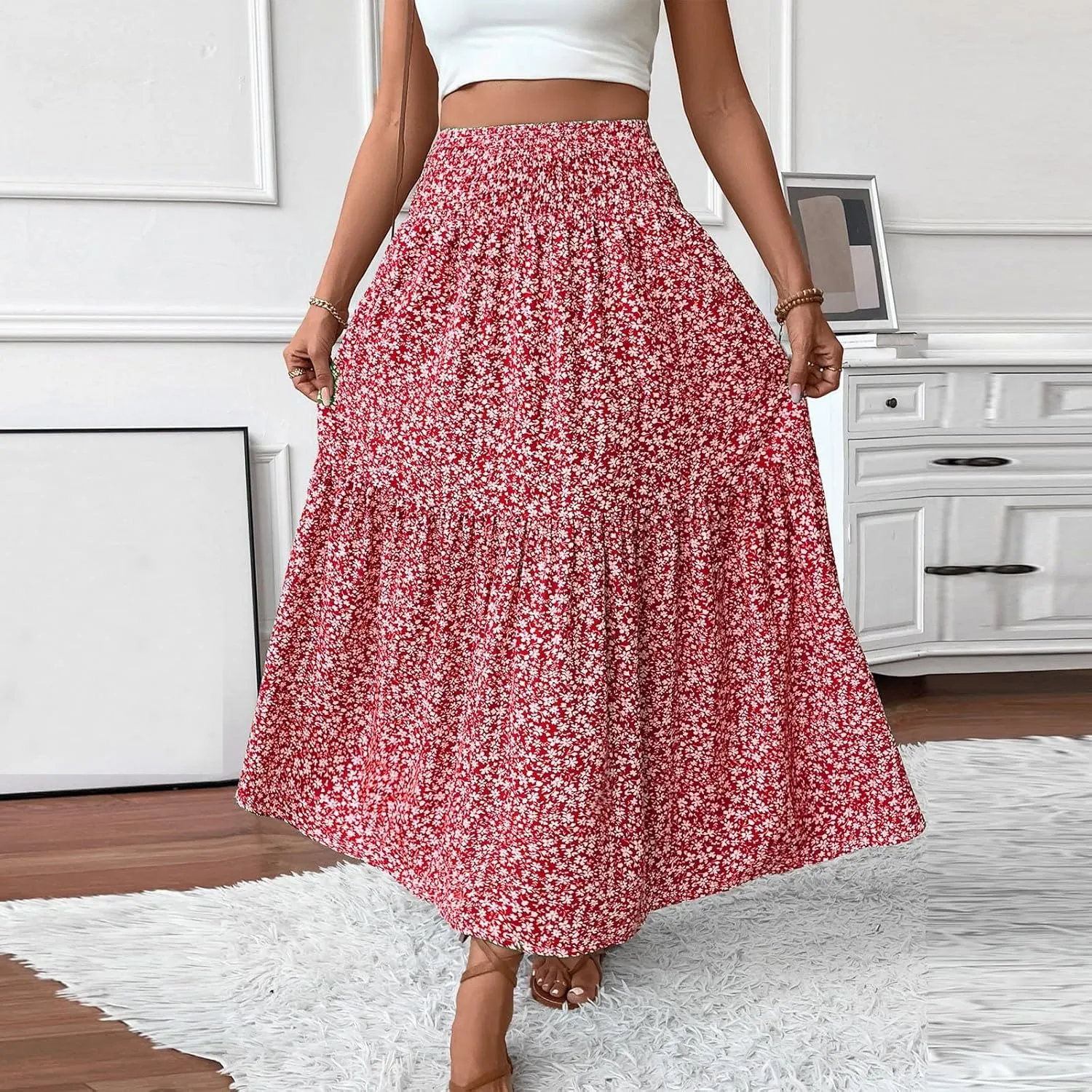 Floral Skirts for Women Summer Loose Casual Trendy Solid Elastic Waist Lightweight Boho Flowy Maxi Skirt, S-XL