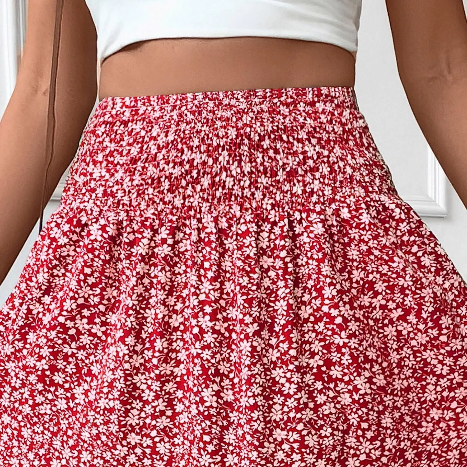 Floral Skirts for Women Summer Loose Casual Trendy Solid Elastic Waist Lightweight Boho Flowy Maxi Skirt, S-XL