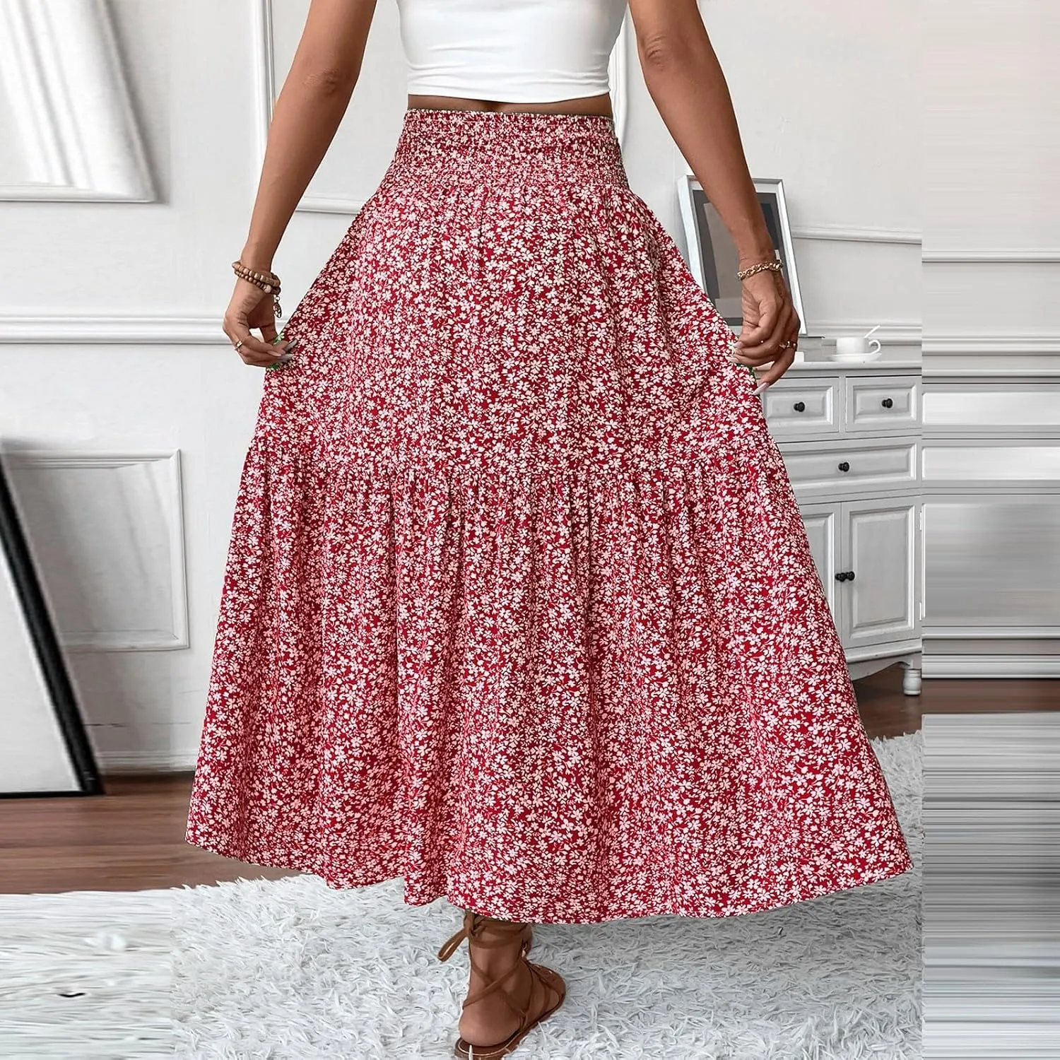 Floral Skirts for Women Summer Loose Casual Trendy Solid Elastic Waist Lightweight Boho Flowy Maxi Skirt, S-XL
