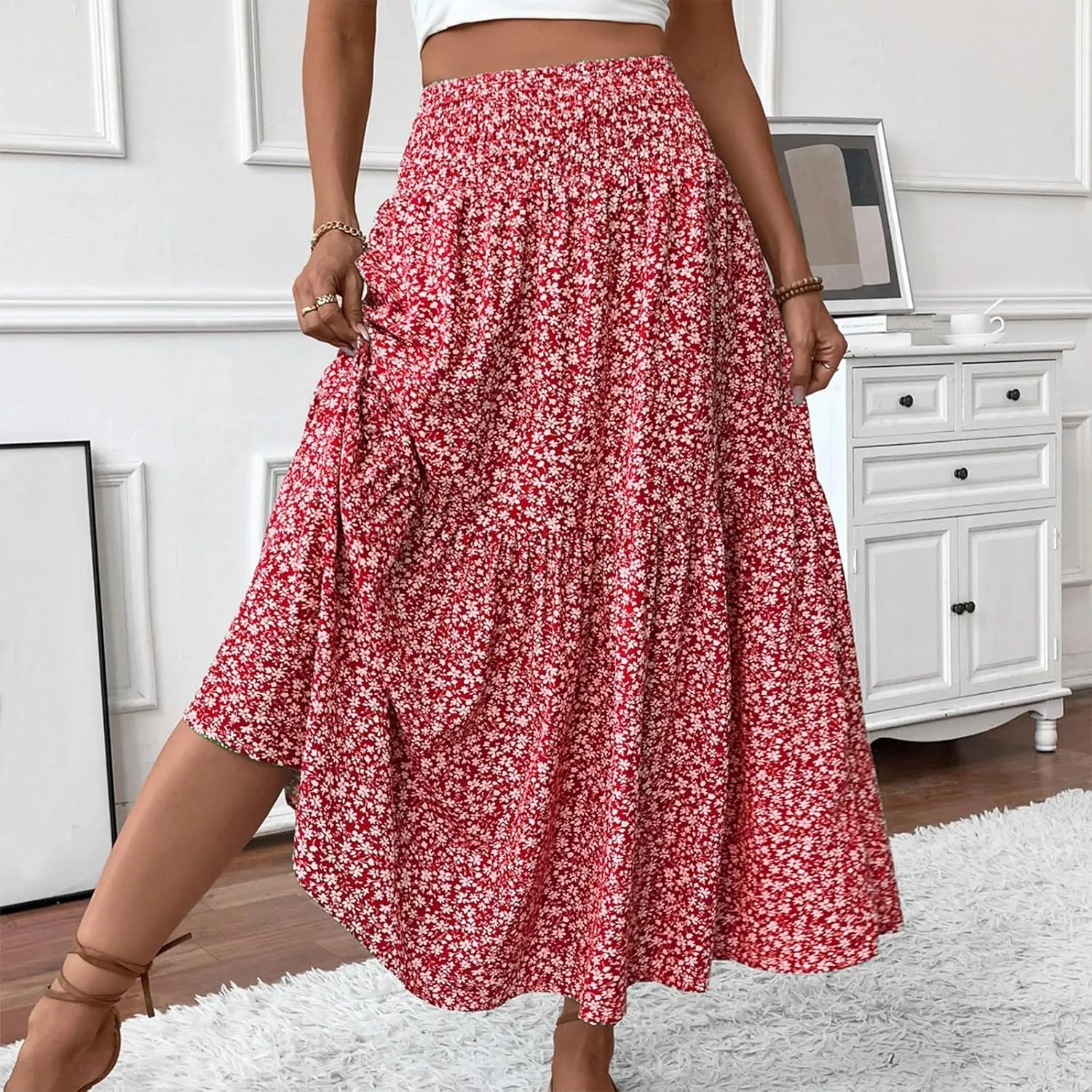 Floral Skirts for Women Summer Loose Casual Trendy Solid Elastic Waist Lightweight Boho Flowy Maxi Skirt, S-XL