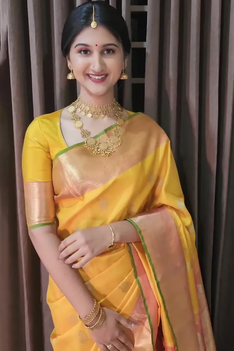 Girlish Yellow Soft Silk Saree With Mesmeric Blouse Piece