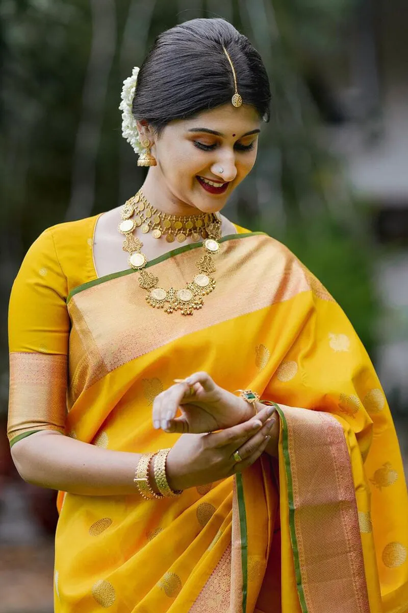 Girlish Yellow Soft Silk Saree With Mesmeric Blouse Piece