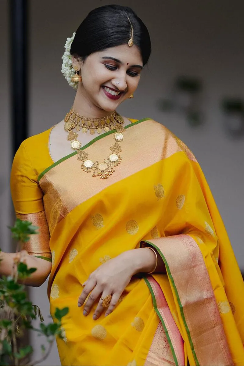 Girlish Yellow Soft Silk Saree With Mesmeric Blouse Piece