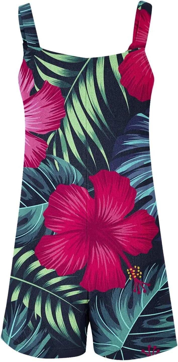 Hawaii Tropical Print Short Jumpsuits Women Summer Beach One Piece Wide Leg Rompers Sleeveless Overalls with Pockets