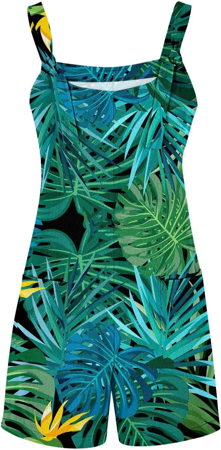 Hawaii Tropical Print Short Jumpsuits Women Summer Beach One Piece Wide Leg Rompers Sleeveless Overalls with Pockets