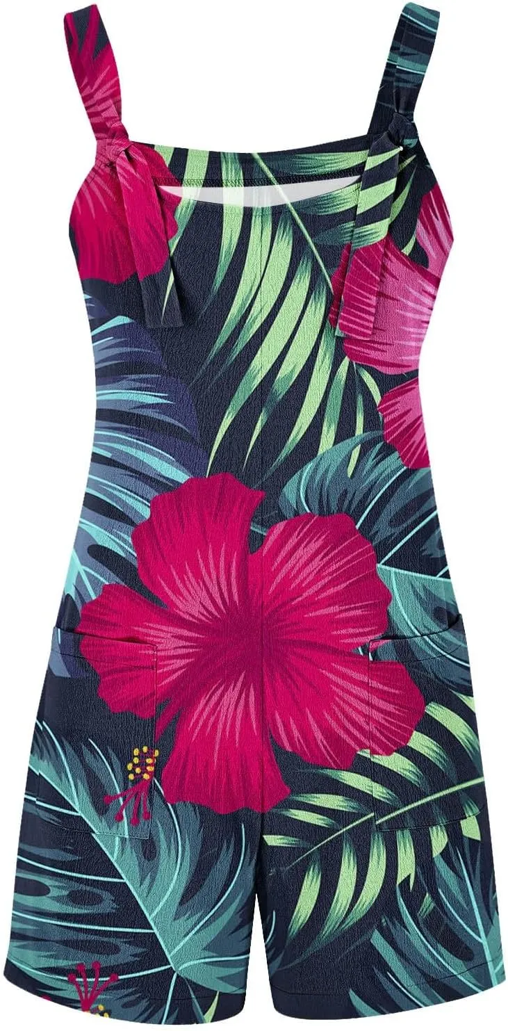 Hawaii Tropical Print Short Jumpsuits Women Summer Beach One Piece Wide Leg Rompers Sleeveless Overalls with Pockets