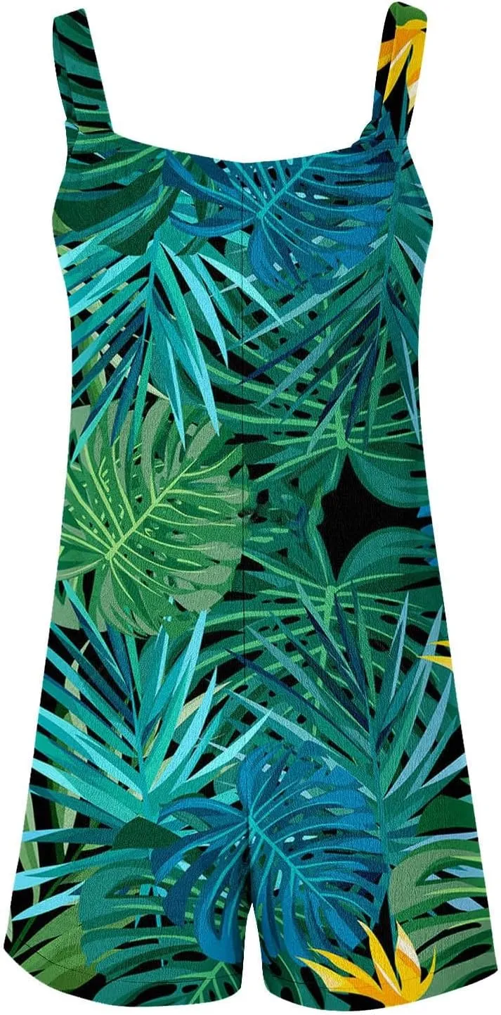 Hawaii Tropical Print Short Jumpsuits Women Summer Beach One Piece Wide Leg Rompers Sleeveless Overalls with Pockets