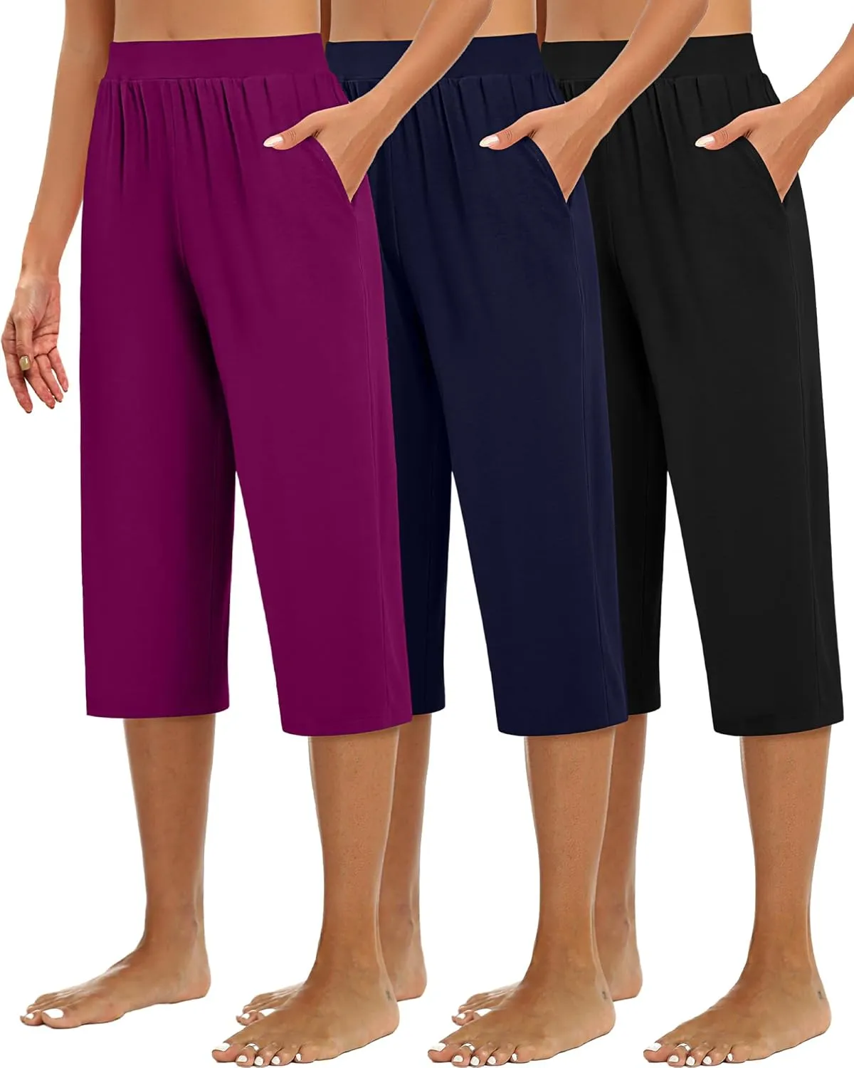 Huukeay 3 Pack Women's Capri Sweatpants, Cozy Wide Legs Cropped Capri with Pockets, Lounge Jogger Pants Workout Yoga Solid