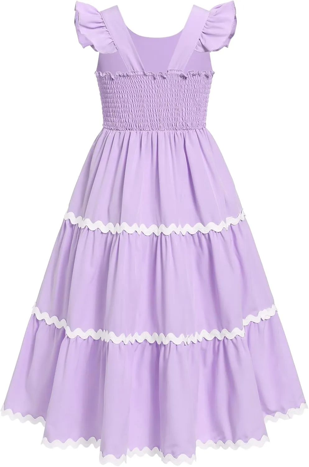 IDOPIP Kids Girls Summer Casual Dress Boho Rickrack Striped Dresses Ruffle Sleeveless Smocked Sundress Pageant Birthday Gown