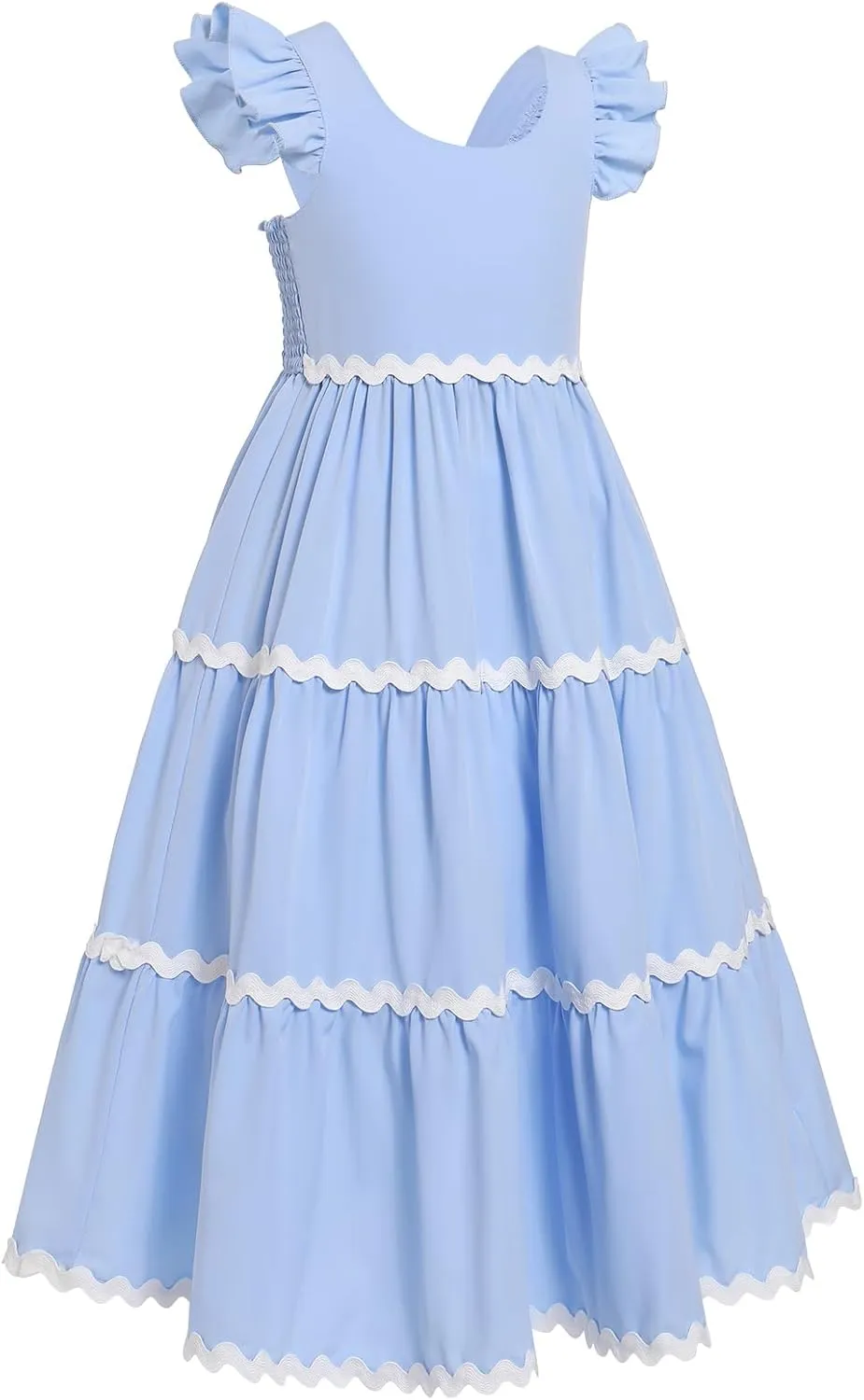 IDOPIP Kids Girls Summer Casual Dress Boho Rickrack Striped Dresses Ruffle Sleeveless Smocked Sundress Pageant Birthday Gown