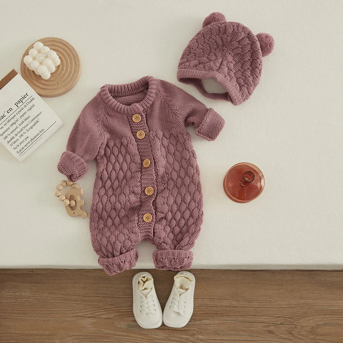 Infant Knitted Jumpsuit with Bear Hat