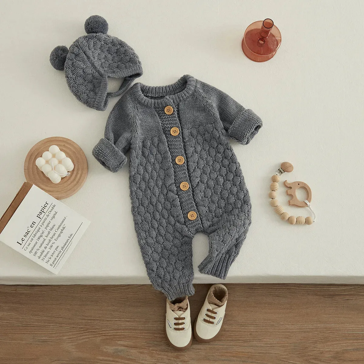 Infant Knitted Jumpsuit with Bear Hat