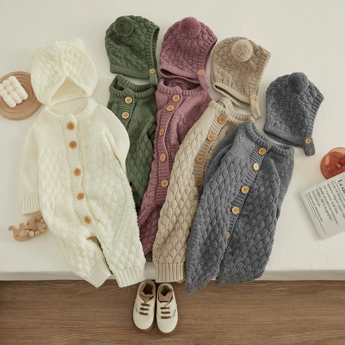 Infant Knitted Jumpsuit with Bear Hat