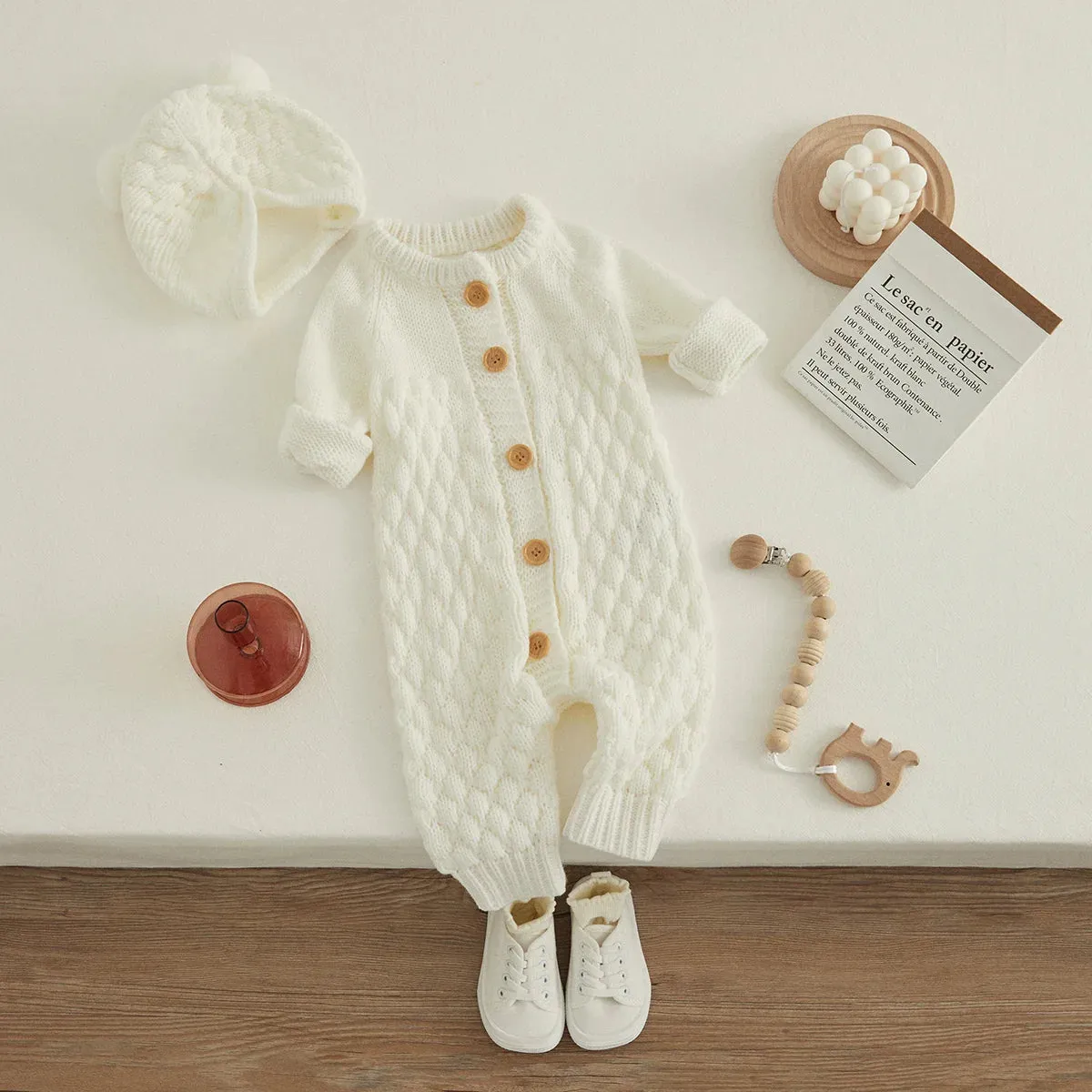 Infant Knitted Jumpsuit with Bear Hat