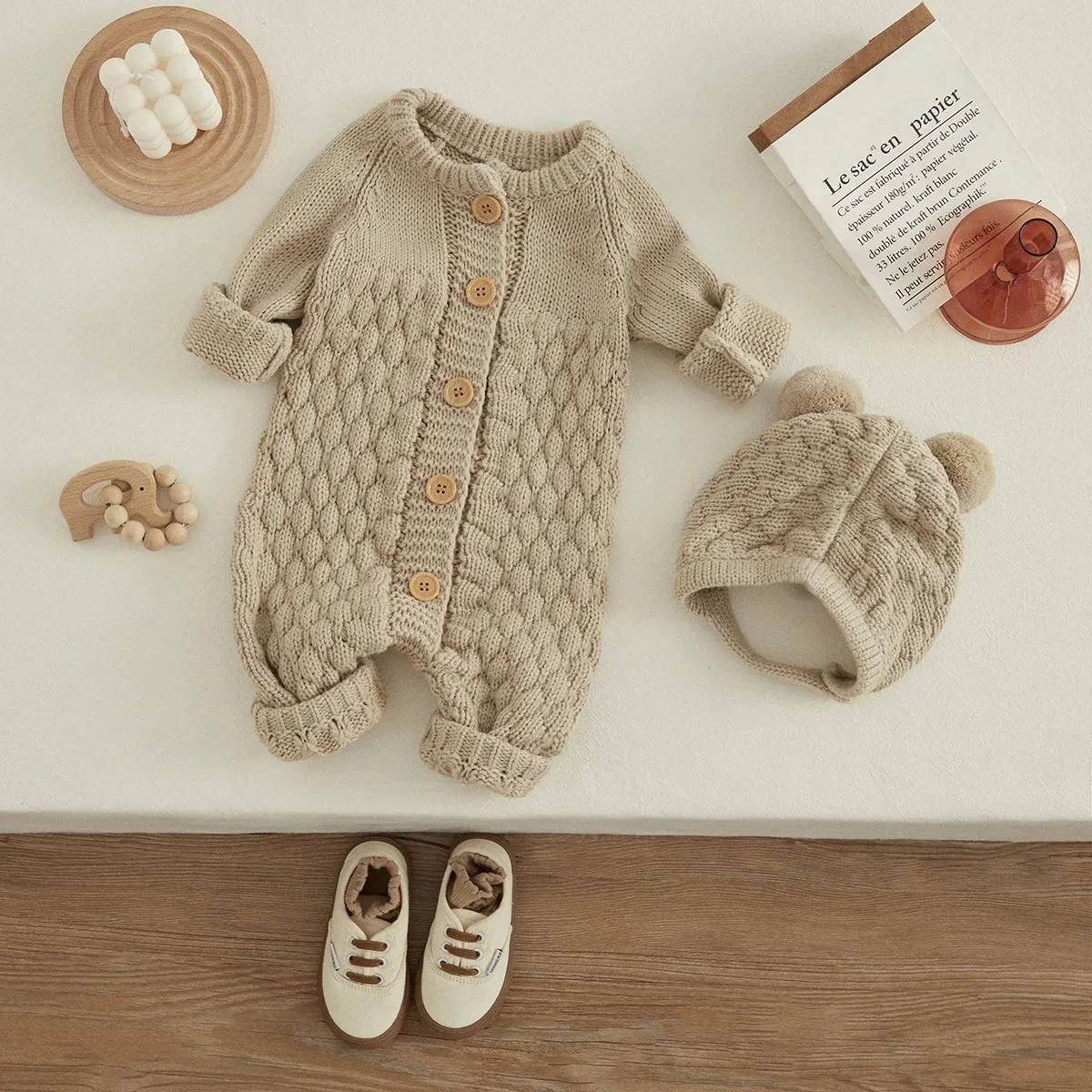 Infant Knitted Jumpsuit with Bear Hat