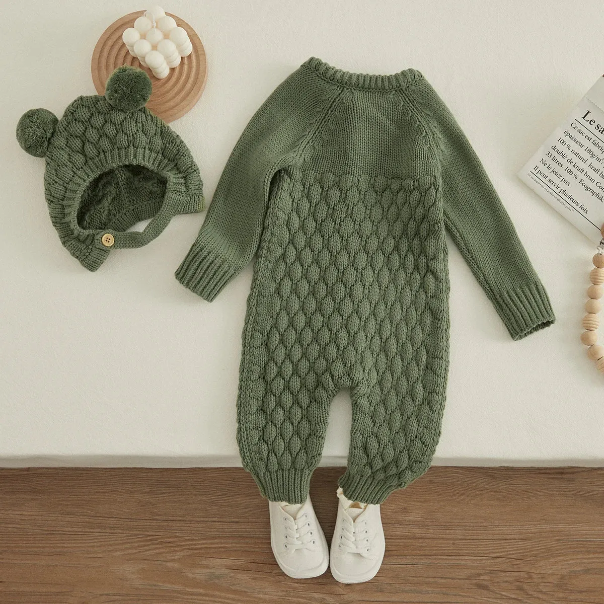 Infant Knitted Jumpsuit with Bear Hat