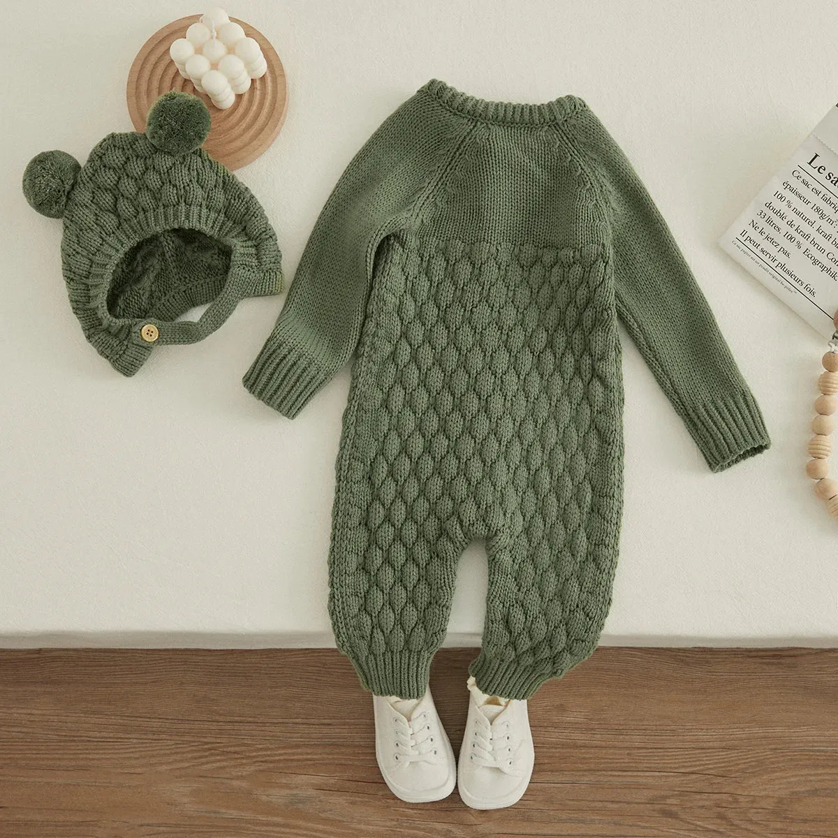 Infant Knitted Jumpsuit with Bear Hat