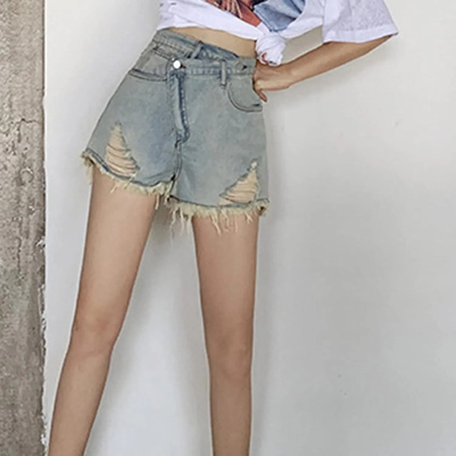 JEKE-DG Women's Raw Hem Ripped Denim Shorts High Waisted Distressed Denim Shorts Casual Denim Jean Shorts with Pocket